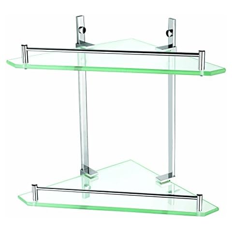 Luxxur LG024 Double level Bathroom Glass Corner Shelf - Chrome on Brass Mounts - totally rustproof 355x250mm Cover