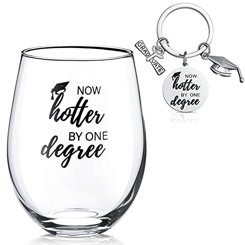 2023 Graduation Wine Glass Gift Set, Including Now Hotter By One Degree 15 Oz Stemless Wine Glass And Funny Graduation Keychain Congratulation Gift For Him Her College High School Graduates Masters #TOP23