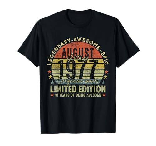 48th Birthday Gifts Vintage August 1977 48 Years Old For Men Camiseta
