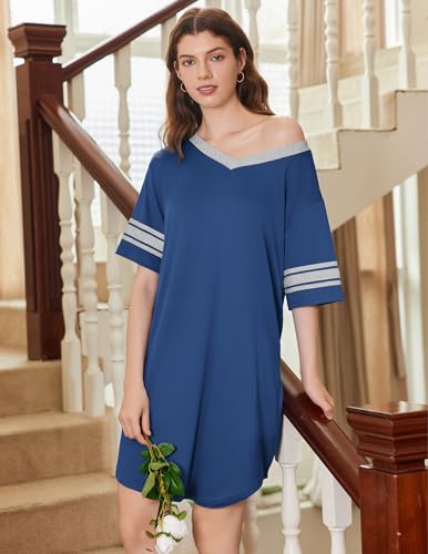 Image of Ekouaer Nightgowns for Women 2 Pack Sleepshirts Short Sleeve Nightshirt V Neck Sleepwear Casual Pajama Dress