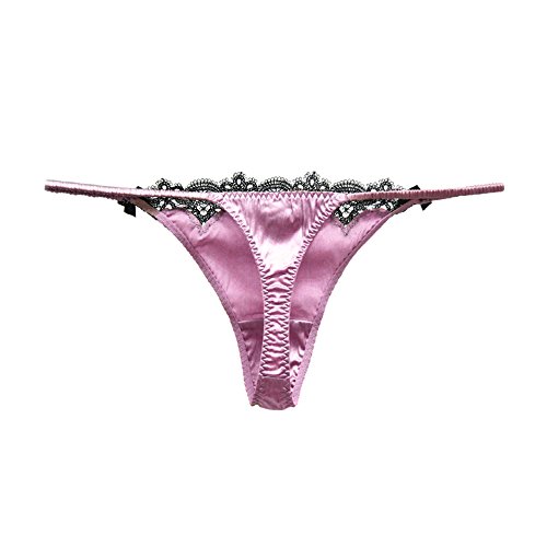 SilRiver Womens Silk Satin Thong Panties Lace G String Thong T Back Shiny Satin Underwear (Light Purple, S/M) - Image 3