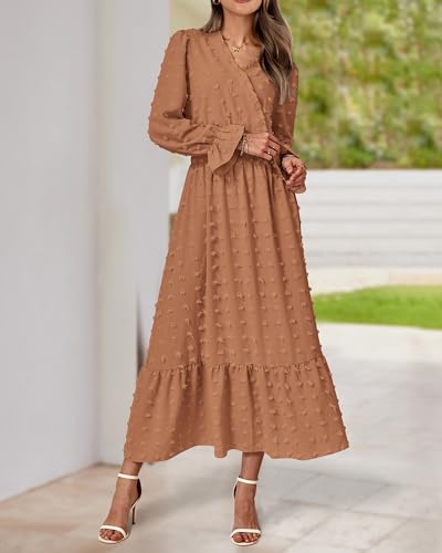 BTFBM Women Fall Maxi Dresses 2025 Long Sleeve V Neck Swiss Dots High Waisted A-Line Ruffle Boho Long Dress Vacation(Khaki,XX-Large) — view 5