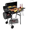 Grills House Barrel Charcoal Grill with Offset Smoker, Side Shelf with Hooks, Mesh Bottom Shelf, Blow-Molded Wheels, Outdoor Grilling and Backyard Cooking, CC1624S, Black