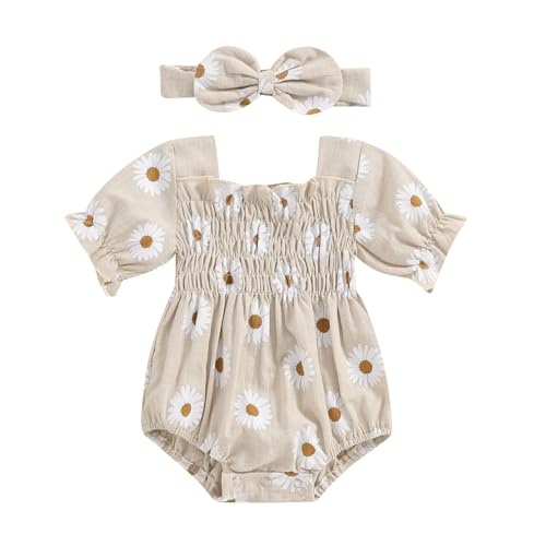 Image of Infant Baby Girls Romper Daisy Ruffle Sleeve Pleated Smocked Bubble One Piece Ruched Jumpsuit Summer Bodysuit
