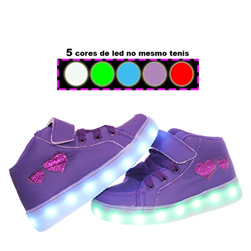 Tenis de Led infantil feminino recarregavel coração lilas