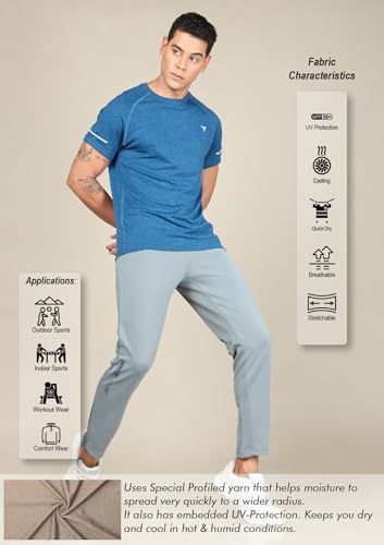 Image of TECHNOSPORT Men's Melange Slim Fit Round Neck T-Shirt Double Cool Raglan Sleeve Slip On Polyester for Gym Running Workout UPF50+ Anti Odour
