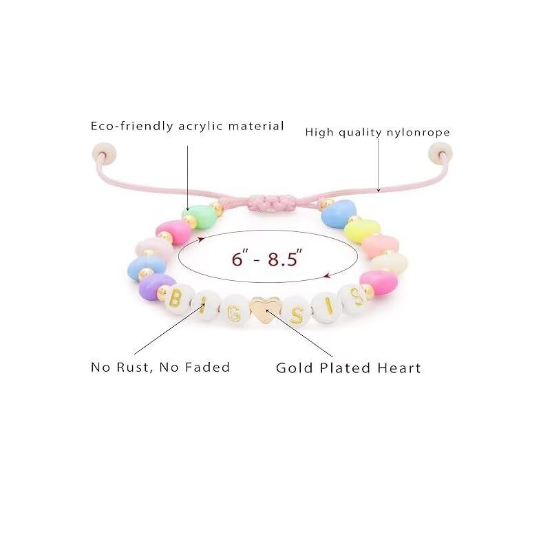 Image of Big Sister Gifts For Little, Pastel Rainbow Heart Rainbow Ball Big Little Sister Bracelet Announcement, Birthday Jewelry