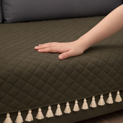 Image of HOMEMONDE 2 Seater Quilted Velvet Sofa Cover with Tassels |Soft, Durable & Premium Fabric with Tassels | Sofa Cover Mats for Living Room, Bedroom, Drawing Room & Office (76 X 122 CM, Brown)