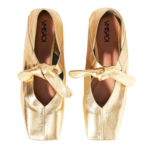 VIMISAOI Square Toe Ballerina Shoes for Women Bow Knots Ballet Flats Mary Jane Flats Slip On Bowtie Strap Flats Gold
