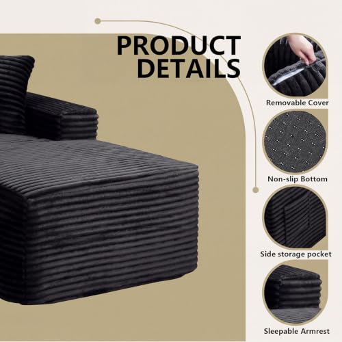 Image of 94.5 inch L Shaped Boneless Sectional Corduroy Couches for Living Room (Black)