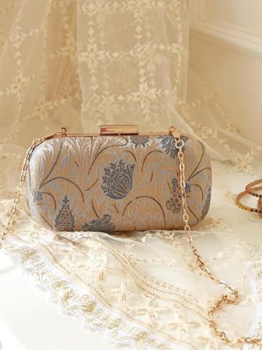 Image of THE TAN CLAN Elora Banarasi Long Clutch Purses Luxury Handbags Bag for Women - Elegant Evening Handbag, Stylish Purse with Magnetic Closure