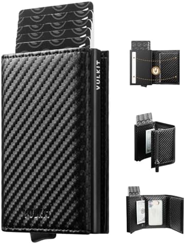 VULKIT Credit Card Holder RFID Blocking Mens Leather Bifold Card Wallet Automatic Pop Up for 9 Cards with ID Window & Coin Pocket