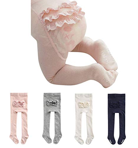 Sywwlov 4 Pairs Baby Girls Ruffle Bottom Tights Toddler Anti Slip Knit Warm Cotton Legging Stocking Pants (Ruffle Lace, 6-24Months)