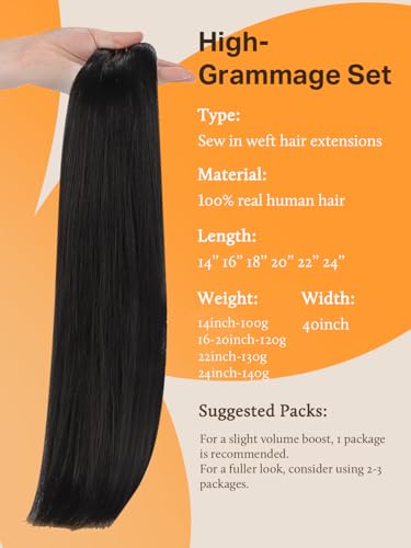 Image of DOORES Human Hair Extensions Sew in, 20 Inch 120g Natural Black, Weft Remy Hair Extensions Natural Silky Invisible