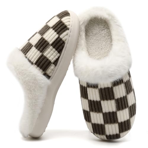 Image of Yueerlu House Slippers for Women Men, Fuzzy Checkered Mens Womens Slippers Warm Memory Foam House Shoes Indoor Outdoor with Faux Fur Lining