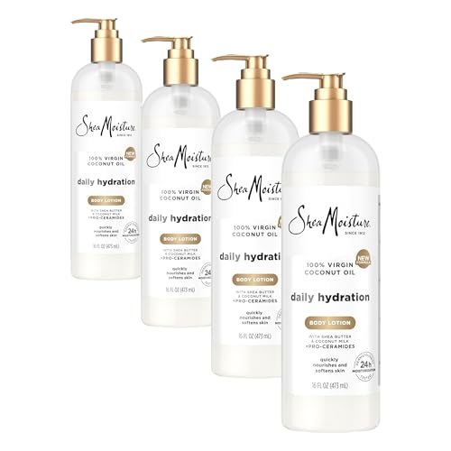 Image of SheaMoisture Daily Hydration Body Lotion with 100% Virgin Coconut Oil, Shea Butter, Coconut Milk and Pro-Ceramides, Quickly Nourish & Soften Skin, 24H Moisturizing 16 oz (Pack of 4)