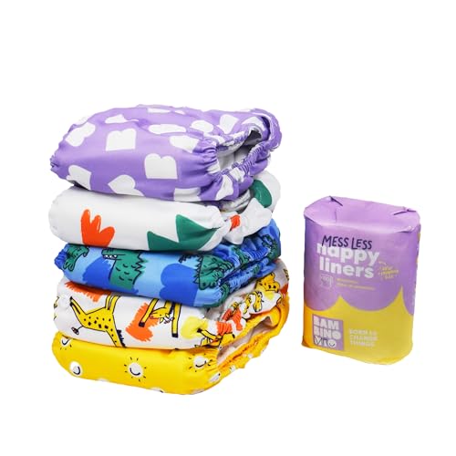 Bambino Mio, Pack de inicio de pañales de tela reutilizables: 5 pañales ajustables + 5 refuerzos de bambú y algodón + 1 rollo de 100 protectores desechables. Confianza & Valiente