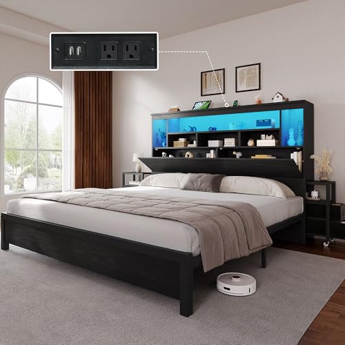 YITAHOME King Size Bed Frame with Storage Bookcase Headboard & LED Lights, Slide Out Bedside Storage, Charging Station, Heavy Duty Metal Slats, No Box Spring Needed, Noise-Free, Easy Assembly, Black