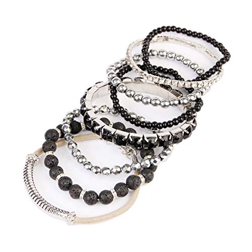 Riah Fashion Multi Color Stretch Beaded Stackable Bracelets - Layering Bead Strand Statement Wrap Bangles (Natural Stone - Lava/Silver, 7.0 Inches) #TOP2