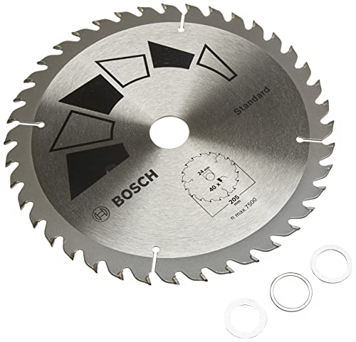 Bosch 1x Hoja de Sierra Circular Standard (para Madera, Ø 205 x 2.2/1.5 x 24/20/18/16 mm, 40 Dientes, ATB, con 3x Anillo de Reducción 20/18/16 mm, Accesorios Sierras Circulares)