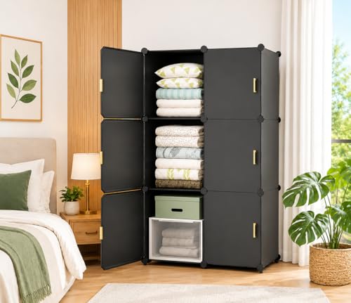 Image of 8 Door Kids Cartoon Wardrobe Storage Cabinet - DIY Modular Clothes Organizer with Hanging Cartoon Design Wardrobe with Multi for Bedroom, Living Room,Entryway (Grey, 6-Door)