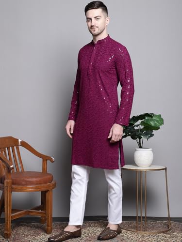 Image of Jompers Men's Geometric Sequin Embroidered Pure Cotton Kurta with Pyjamas Set