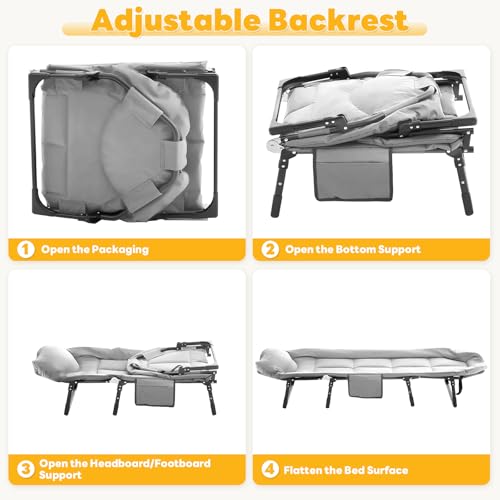 DUMOS Adult Camping Cot - Adjustable Folding Bed with Mattress, 6-Position Portable Camping Bed for Outdoor, Office, and Travel, Supports up to 450 lbs (Grey) - Image 5