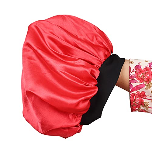 Image of Satin Silk Premium Sleeping caps, Comfortable & Soft Double Layered Streachable Hair Bonnets for All Head Sizes & Hair Type, Night Care Routine - Pack of 1 Pcs - Red