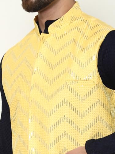 Image of SOJANYA (Since 1958 Men's Cotton Linen Maroon Kurta and White Pyjama with Mustard Cotton Nehru Jacket