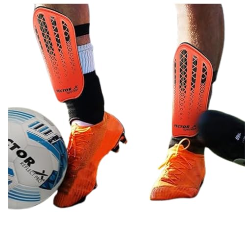 Image of Vector X Samba Shin Guard with Ankle Protection | Hard Shell with EVA Foam Cushioning | Adjustable Straps | Ideal for Football & Hockey Training (Orange /Black, Junior)