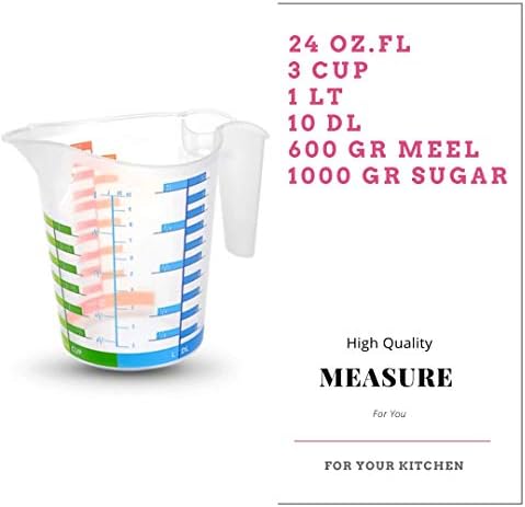 BPA Free Measuring Multi-Purpose Liquid and Dry Use Plastic Colored Measuring Cup - Non-Slip silicone base-Break resistant (24 oz-3 cup-1000 ml-10 DL-1000 gr-1 Lt)-(Total 33.8 oz)-(1 pcs)