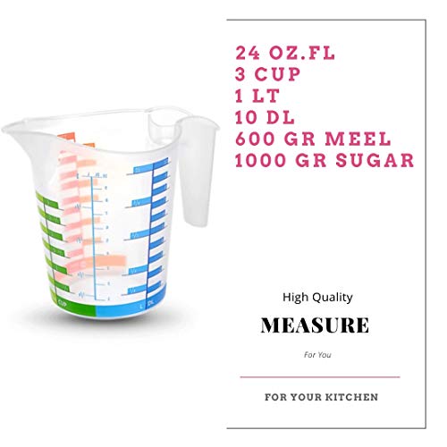 Bpa Free Measuring Multi-Purpose Liquid And Dry Use Plastic Colored Measuring Cup - Non-Slip Silicone Base-Break Resistant (24 Oz-3 Cup-1000 Ml-10 Dl-1000 Gr-1 Lt)-(Total 33.8 Oz)-(1 Pcs) #TOP2