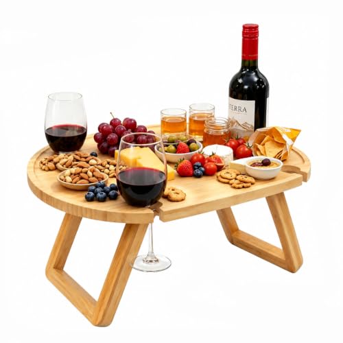 TRENLUVA Portable Wine Picnic Table with 4 Glass Holders Natural