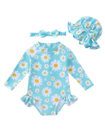 Image of SODLON Baby Girl Swimsuit Long Sleeve One-Piece Infant Bathing Suit 3M-3T | Girls Swim Suit with Hat & Zipper & Headband, Rash Guard Ruffle Swimwear, Toddler UPF 50+ Swimsuits, Baby Beach Essentials
