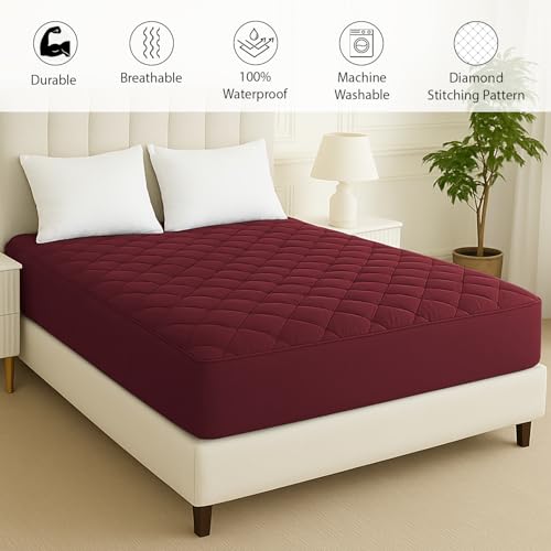 Image of Homestan 100% Waterproof Cotton Quilted Mattress Protector Single Bed, Elastic Fitted Bed Mattress Cover Protects from Dust & Mites (72x36 inches, Maroon)
