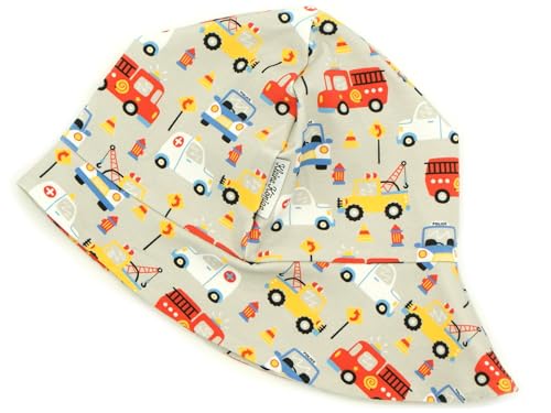 Kleine Könige Sonnenhut Sommer Mütze Baby Jungen Modell Polizei Feuerwehr Autos Happy Cars hellgrau Ökotex 100 Zertifiziert Größe 110/116