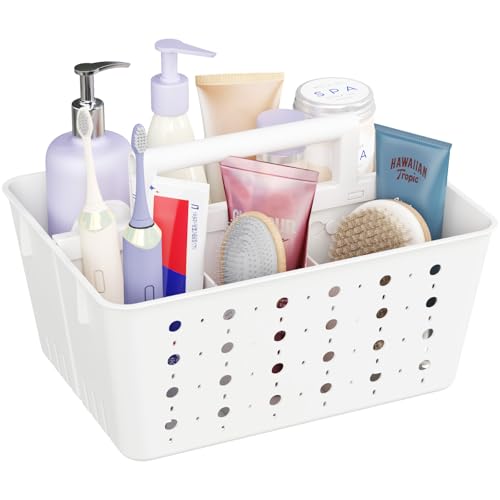 Lifewit Shower Caddy Portable, Plastic Bathroom Organizer with Handle and Holes, Hard Cleaning Basket for Toiletry Storage, College Dorm Essentials, White, 1 Pack, Small