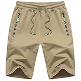 ZOXOZ Kurze Hosen Herren Shorts Sommer Kurze Jogginghose Herren Sports Shorts Sweat Baumwolle Gym Fitness mit Reissverschluss Khaki 3XL