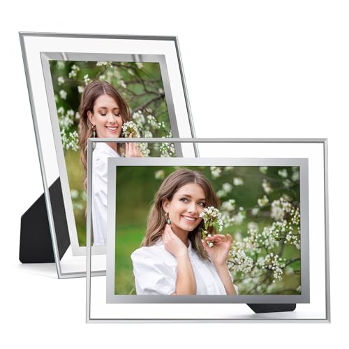 Szaboviktoria Juego de 2 marcos de fotos 13x18 plateados de vidrio, Apto para fotos de 7 pulgadas, Fácil de colocar, Con soporte, admite colocación horizontal o vertical