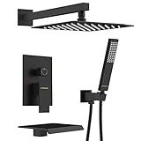 EMBATHER Black Shower System with Waterfall Tub Spout 12 inch Shower Tub Faucet Set Wall Mount wiht...