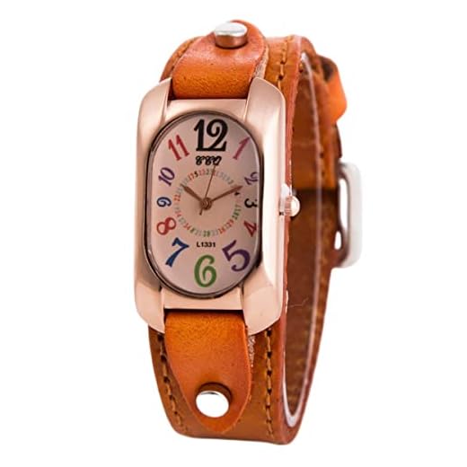 LYEVA Montre Quartz Pierre Vintage pour Femme, Bracelet en Cuir Véritable, Numérique Rectangle (Orange)