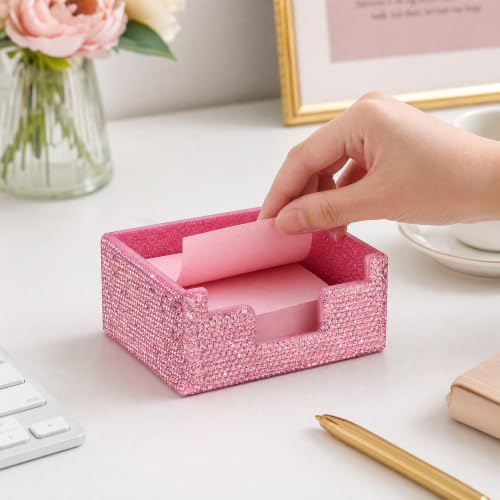 SlowVibes Bling Pink Sticky Note Holder, Glitter 3.94 x 3.94 Inch Notepad Holder Sticky Note Dispenser, Thick Rhinestone Desk Organizer for Office, Home, Dorm, Classroom Desk,Gift for Women Girls - Image 2