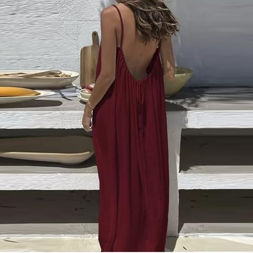 Image of HTHLVMD Backless Cami Dress Summer Dresses for Women 2026 Spaghetti Strap Dresses Womens Solid Color Backless Cami Dress