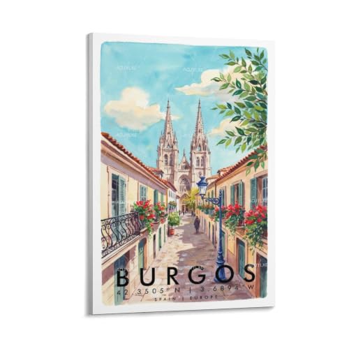 Poster de voyage aquarelle Burgos : impression de peinture de paysage urbain vintage et grand