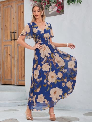 Image of Simplee Women's Boho Floral Maxi Dress Flowy Casual V Neck Short Sleeve Wedding Guest Holiday Beach Long Dress