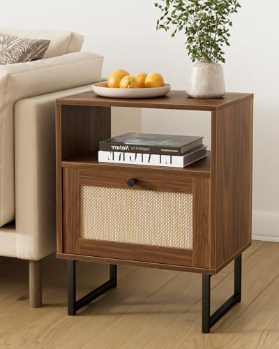 Image of Rattan Nightstand, Mid Century Modern Night Stand,Boho Farmhouse Wood Bedside Table with Storage and Open Shelf, End Side Accent Table for Bedroom,Living Room,Walnut