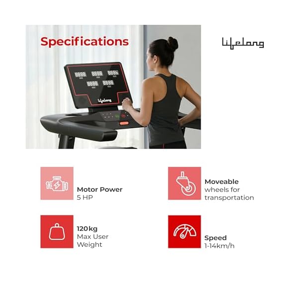 Lifelong FitPro Treadmill | 5HP Brushless Motor | 12 Level Auto Incline with Massager | Max Speed 14 km/hr |Bluetooth | FitShow App| Hydraulic Fold | LED Display with Pulse Sensors| Max Weight 120 kg - Image 3