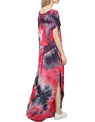 Image of Match Women's V-Neck Casual Loose Short Sleeve Long T-Shirt Dress Split Maxi Dress with Side Pocket