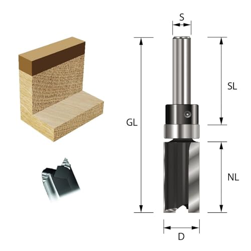 ENT 11657 Bündigfräser HW, Schaft (S) 8 mm, Durchmesser (D) 16 mm, NL 32 mm, SL 32 mm, GL 77 mm, mit Kugellager am Schaft