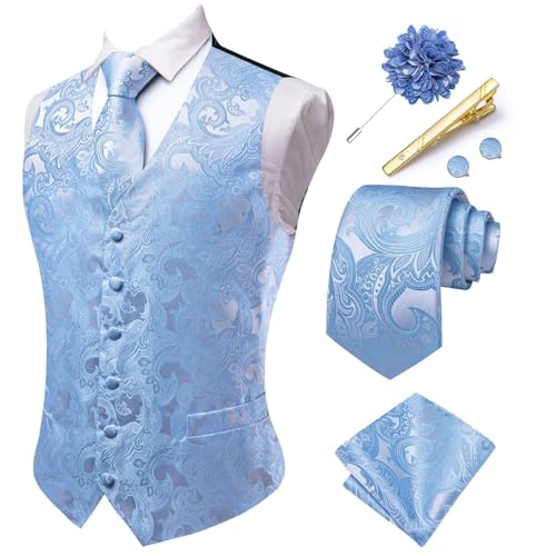 Image of Hi-Tie Men's Waistcoats Light Blue Formal Silk Paisley Floral Suit Vest Jacquard Necktie Pocket Square Set for Wedding